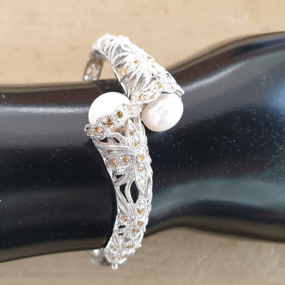 Beautiful Natural Yellow Sapphire Pearl Sterling Silver Filigree Bangle Bracelet - Picture 1 of 10